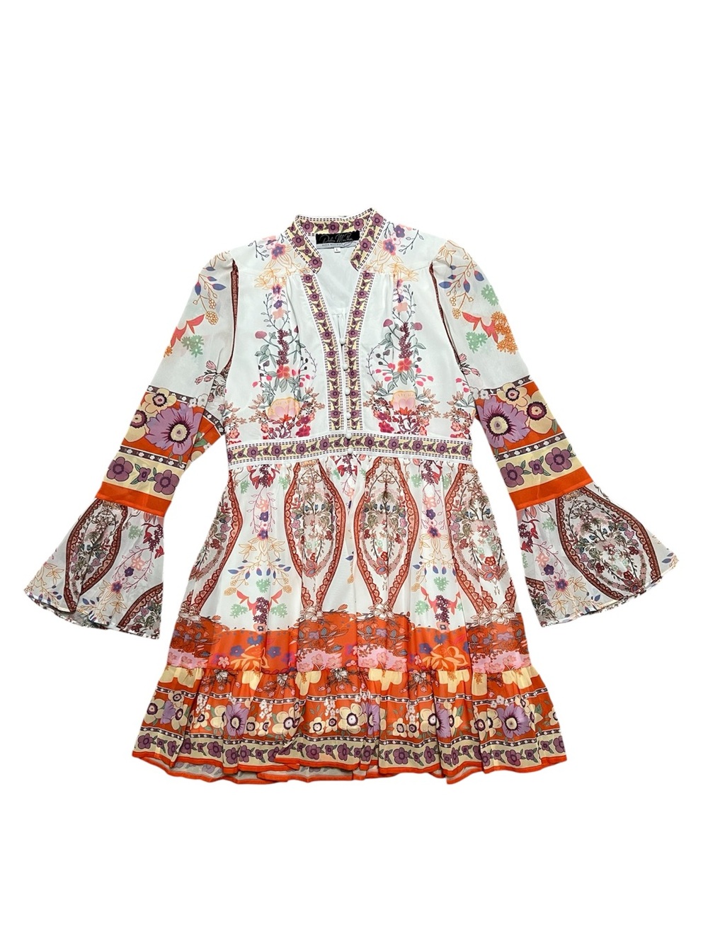 DALIA MACPHEE floral print bell sleeve v-neck boho dress lined size LARGE EUC